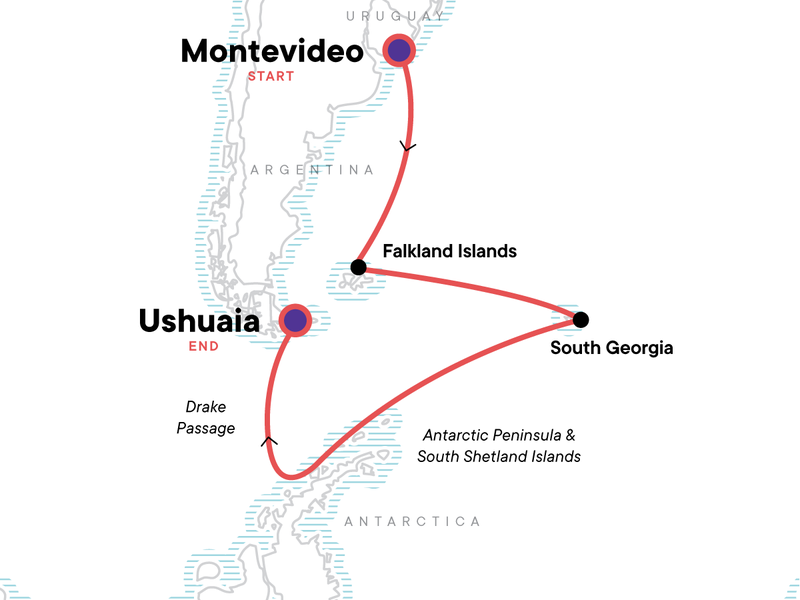 Route map showing a red line of the path of the Falklands, South Georgia aboard Expedition Antarctica voyage, sailign from Montevideo Uruguay to Ushuaia, Argentina.
