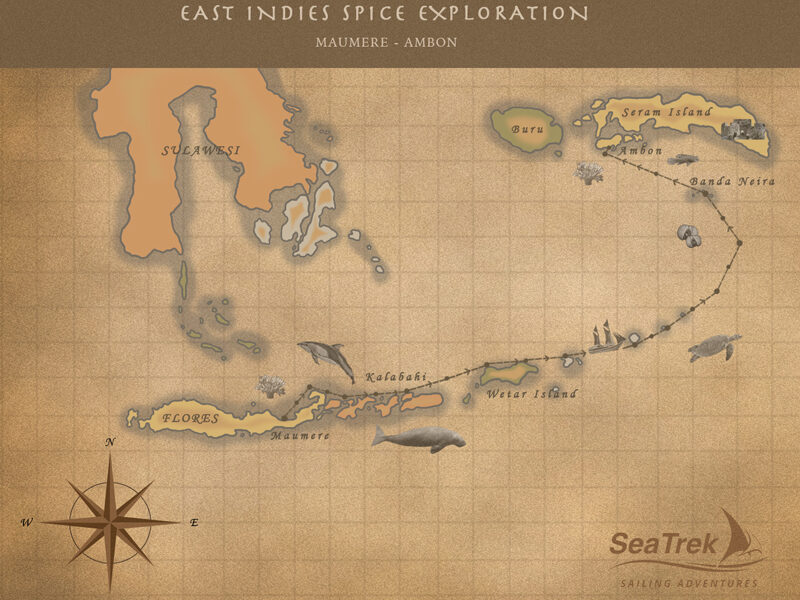 Route map of East Indies Spice Exploration Indonesia small ship cruise, operating between Maumere & Ambon, through the Banda Sea.