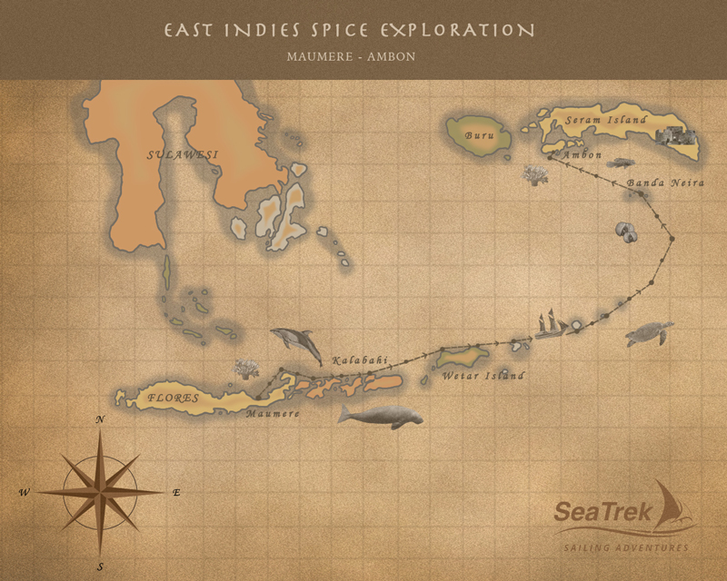 Route map of East Indies Spice Exploration Indonesia small ship cruise, operating between Maumere & Ambon, through the Banda Sea.