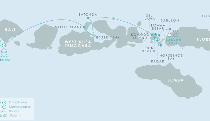 Route map of eastbound Aqua Blu Komodo National Park Cruise in Indonesia, operating from Bali to Flores with visits to Moyo Island, Saleh Bay, Batu Moncho Bay, Komodo Island, Padar, Horseshoe Bay, Pink Beach & Gili Lawa.