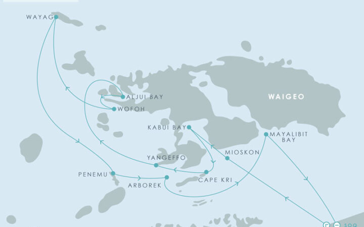 Route map of Aqua Blu North Raja Ampat Cruise, round-trip from Sorong, Indonesia, with visits to the islands of Mioskon Island, Yengeffo, Wofoh, Wayag, Dayang & Arborek, and the bays of Kabui, Cape Kri, Aljui & Mayabilit.