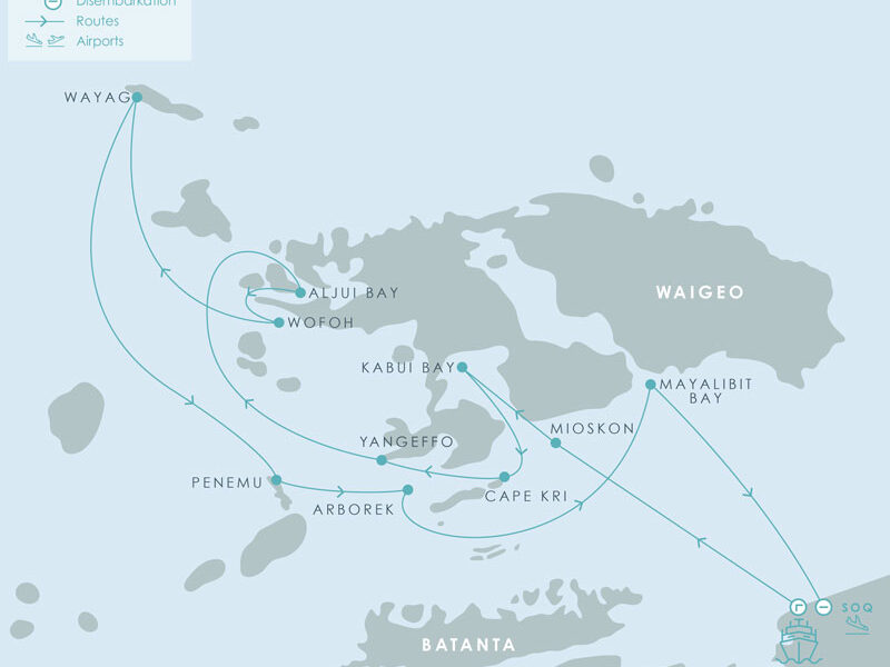 Route map of Aqua Blu North Raja Ampat Cruise, round-trip from Sorong, Indonesia, with visits to the islands of Mioskon Island, Yengeffo, Wofoh, Wayag, Dayang & Arborek, and the bays of Kabui, Cape Kri, Aljui & Mayabilit.