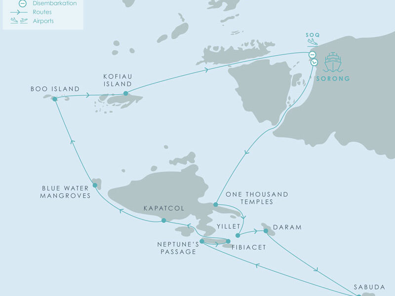 Route map of Aqua Blu South Raja Ampat cruise round-trip from Sorong, Indonesia with visits to the islands of Misool, Daram, Sabuda, Fibiacet, Boo & Kofiau.