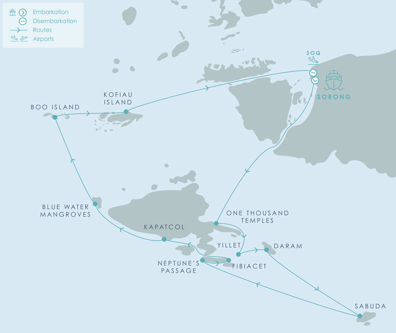 Route map of Aqua Blu South Raja Ampat cruise round-trip from Sorong, Indonesia with visits to the islands of Misool, Daram, Sabuda, Fibiacet, Boo & Kofiau.