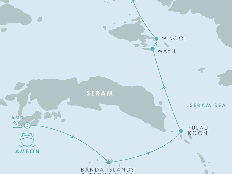 Route map of Aqua Blu Spice Islands & Raja Ampat cruise from Ambon to Sorong, Indonesia, with visits to the islands of Banda Neira, Pulau Koon, Wayil, Misool, Penemu. Yangeffo, Yeben & Arborek.