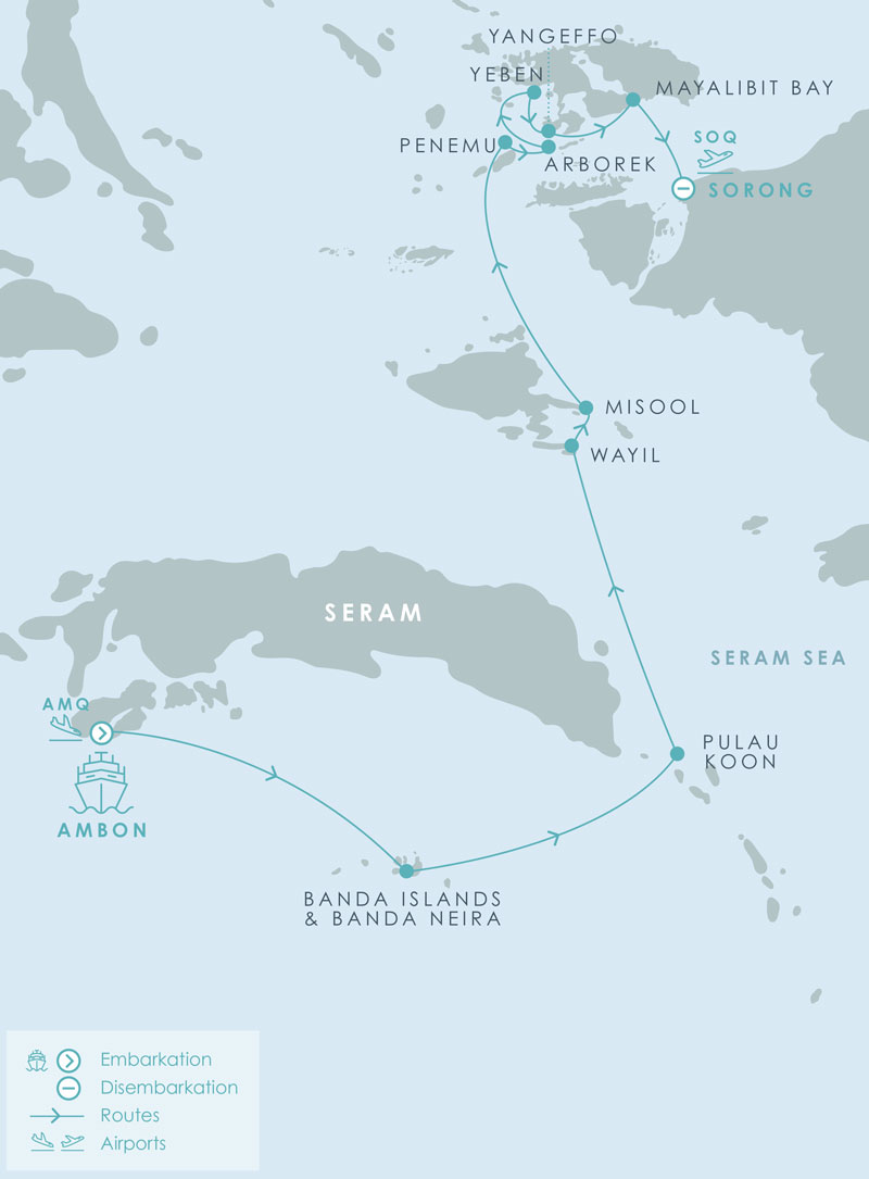 Route map of Aqua Blu Spice Islands & Raja Ampat cruise from Ambon to Sorong, Indonesia, with visits to the islands of Banda Neira, Pulau Koon, Wayil, Misool, Penemu. Yangeffo, Yeben & Arborek.