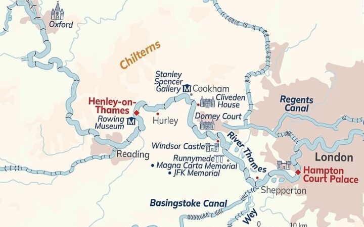 Route map of Classic England River Thames Cruise, operating between London & Henley-on-Thames, with overland transit to end in London, and visits to Hampton Court Palace, Runnymede, Windsor, Cliveden & Hurley.