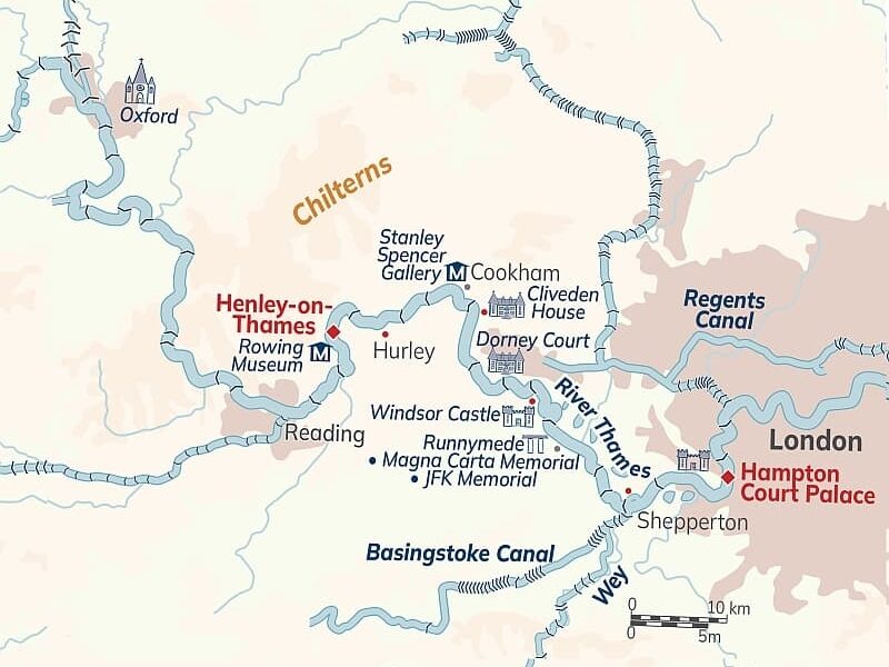 Route map of Classic England River Thames Cruise, operating between London & Henley-on-Thames, with overland transit to end in London, and visits to Hampton Court Palace, Runnymede, Windsor, Cliveden & Hurley.