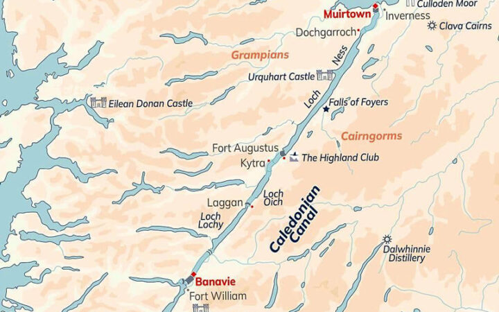 Route map of Classic Scotland Barge Cruise, operating between Inverness & Banavie, with visits to Dochgarroch, Fort Augustus, Kytra & Laggan.