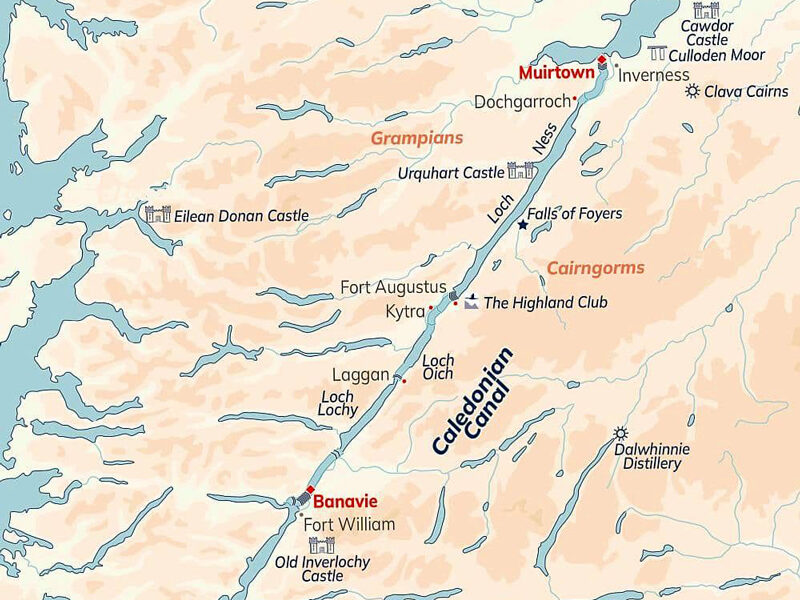 Route map of Classic Scotland Barge Cruise, operating between Inverness & Banavie, with visits to Dochgarroch, Fort Augustus, Kytra & Laggan.