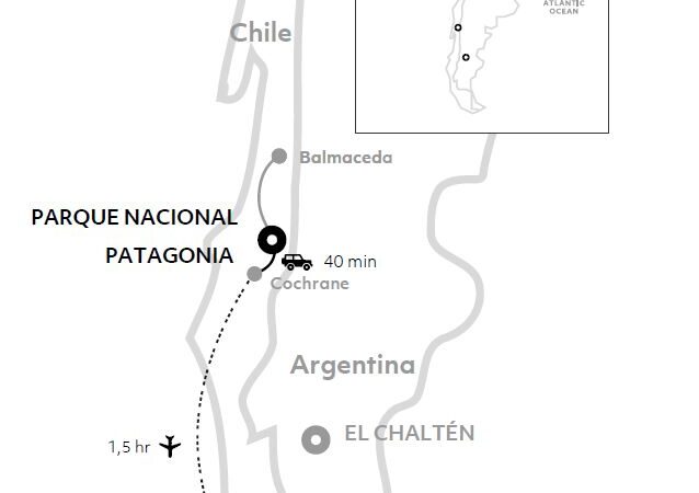 Route map of Discover Chilean Patagonia Explora Connects itinerary linking Torres del Paine with Patagonia National Park.