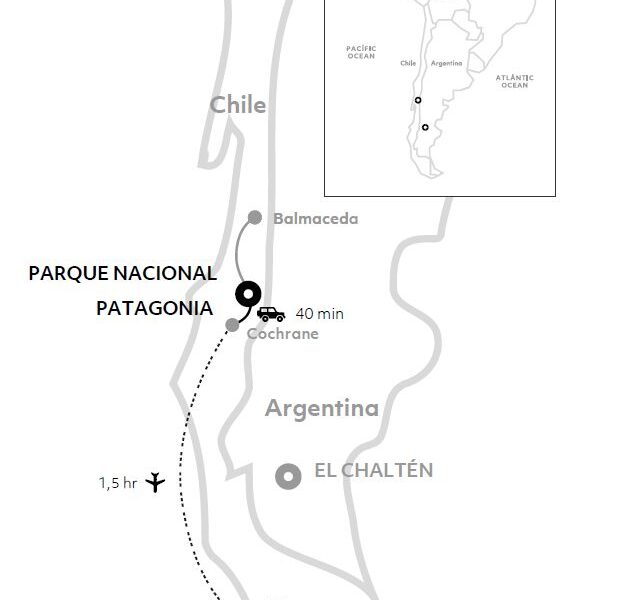 Route map of Discover Chilean Patagonia Explora Connects itinerary linking Torres del Paine with Patagonia National Park.