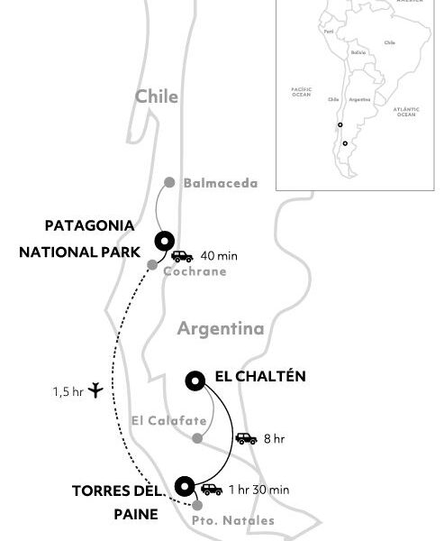 Route map of Discover Patagonia In Depth Explora Connects itinerary linking Torres del Paine with Patagonia National Park and El Chaltén, Argentina.