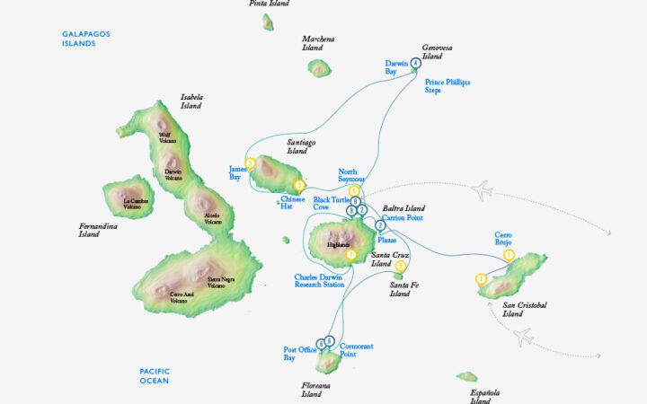 Galapagos cruise route map showing visits to San Cristobal, Isla Lobos, South Plaza, Santa Cruz, Mosquera, Santiago, Genovesa, North Seymour, Santa Fe and Floreana islands.