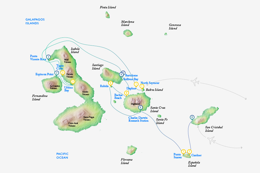 Galapagos cruise route map showing visits to Baltra, Isabela, Fernandina, Bartolome, Santiago, Santa Cruz, Rabida, Espanola and San Cristobal islands.
