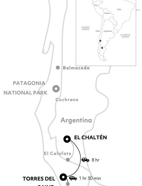 Route map of Explore Patagonia Without Borders Explora Connects itinerary linking Torres del Paine with El Chaltén, Argentina.