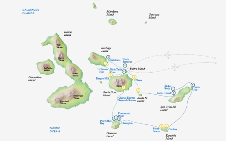 Route map of Beyond Darwin's Footsteps Galapagos small ship cruise aboard M/V Grace, with visits to Baltra, Santa Cruz, Floreana, Espanola, San Cristobal, Santa Fe, South Plaza, North Seymour & Bartolome islands.
