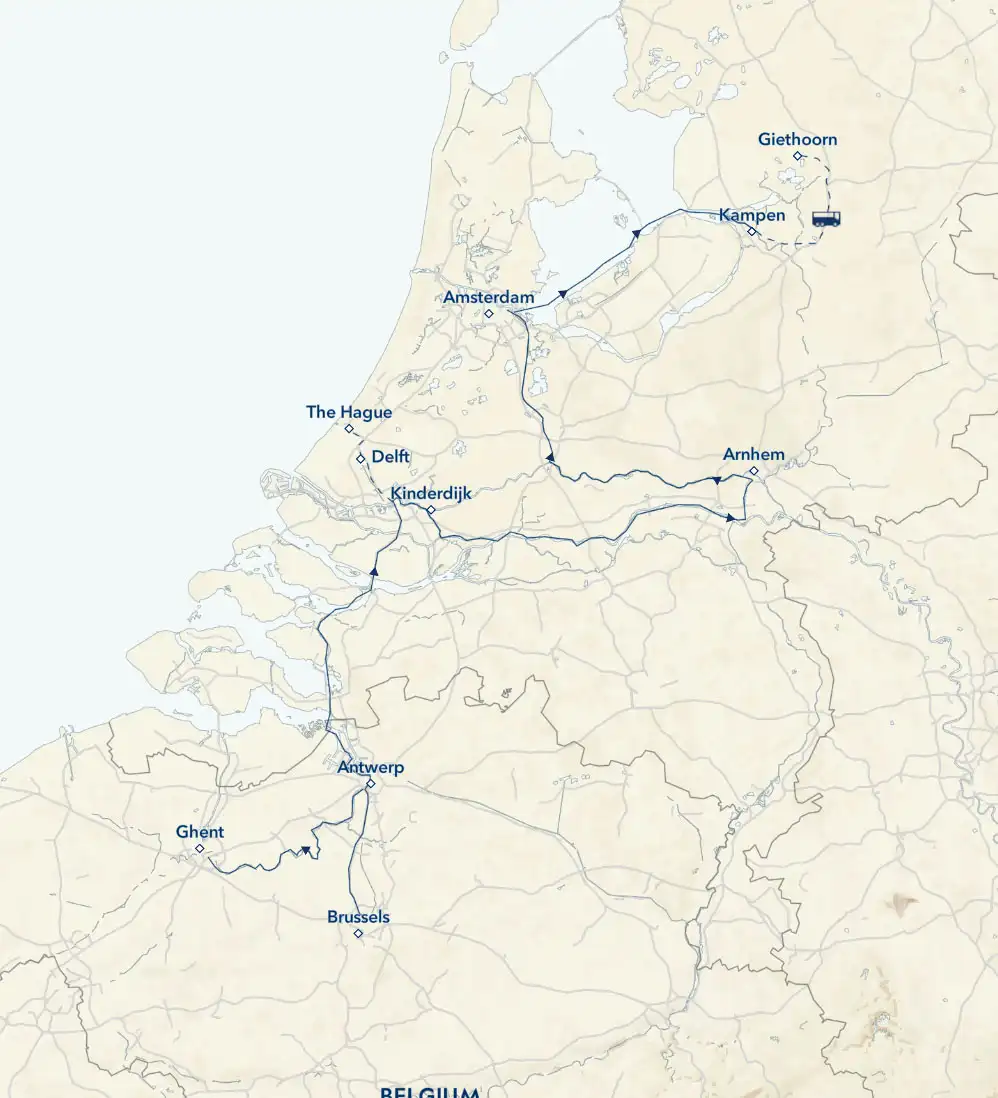 Route map of downstream Holland & Belgium river cruise from Brussels, Belgium north to Kampen, The Netherlands, then south to Amsterdam.