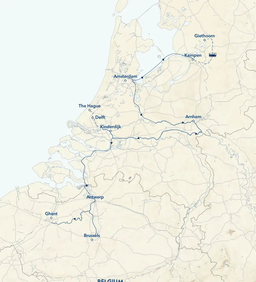 Route map of upstream Holland & Belgium river cruise from Amsterdam north to Kampen, The Netherlands, then south to Brussels, Belgium.