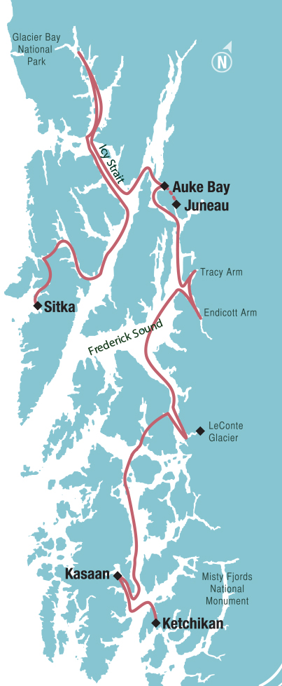 Cruise route map for Ice of the Inside Passage from Sitka to Ketchikan showing the ship's path in red