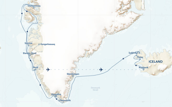 Route map of Iceland & Greenland: Edge of the Arctic Cruise sailing Baffin Bay from Reykjavik, Iceland to Nuuk, Greenland, ending with a flight back to Reykjavik.
