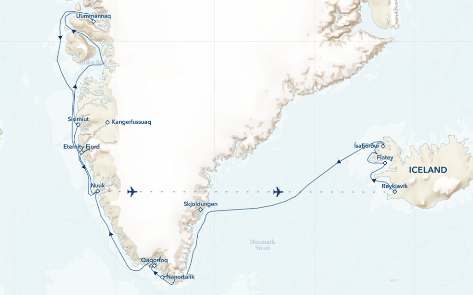 Route map of Iceland & Greenland: Edge of the Arctic Cruise sailing Baffin Bay from Reykjavik, Iceland to Nuuk, Greenland, ending with a flight back to Reykjavik.