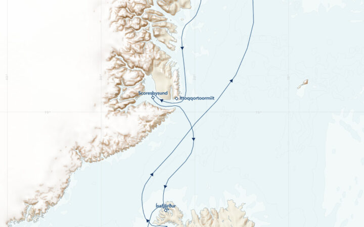 Route map of Iceland's Wild West Coast to East Greenland voyage, round-trip from Reykjavik with visits to Scoresbysund.