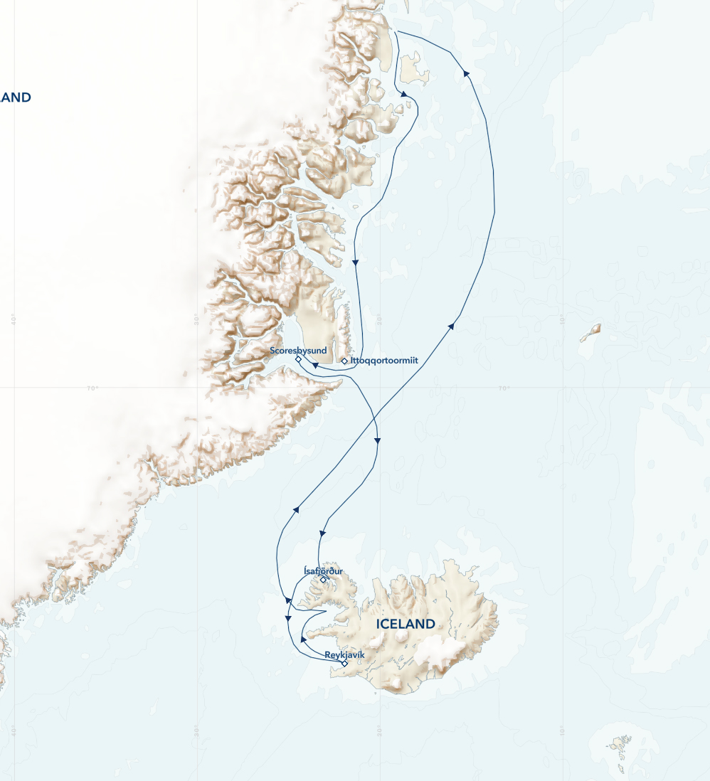 Route map of Iceland's Wild West Coast to East Greenland voyage, round-trip from Reykjavik with visits to Scoresbysund.
