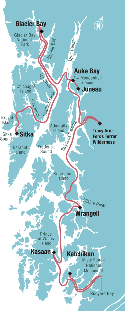 Alaska's Inside Passage Sojourn cruise Ketchikan to Sitka route map.