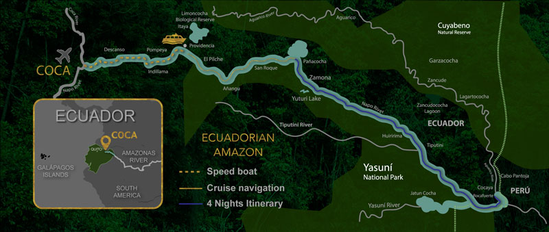 Route map of 5-day Manatee & Anakonda Amazon cruise down the Napo River from Panacocha to Rocafuerte on the Peruvian border.