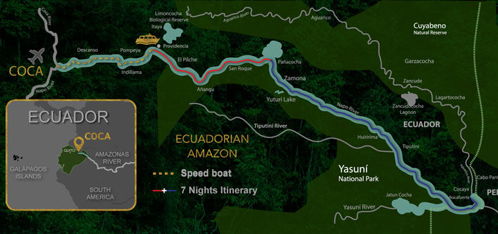 Route map of 8-day Manatee & Anakonda Amazon cruise down the Napo River from Coca to Rocafuerte on the Peruvian border.