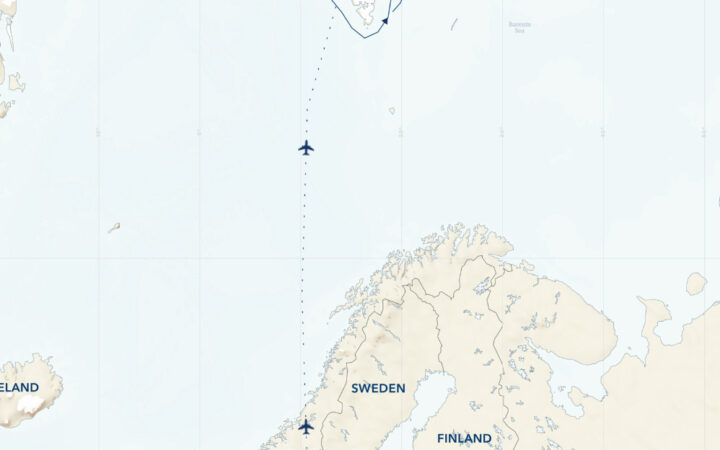 Route map of National Geographic Land of the Ice Bears voyage, operating round-trip from Oslo, Norway, via Longyearbyen, Svalbard, with visits to sites along Spitsbergen's northern, western and southern coasts.