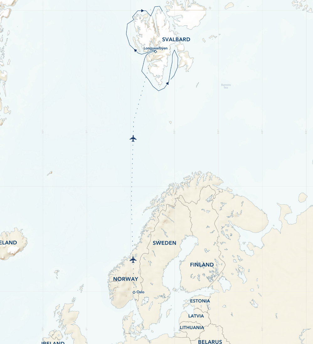 Route map of National Geographic Land of the Ice Bears voyage, operating round-trip from Oslo, Norway, via Longyearbyen, Svalbard, with visits to sites along Spitsbergen's northern, western and southern coasts.