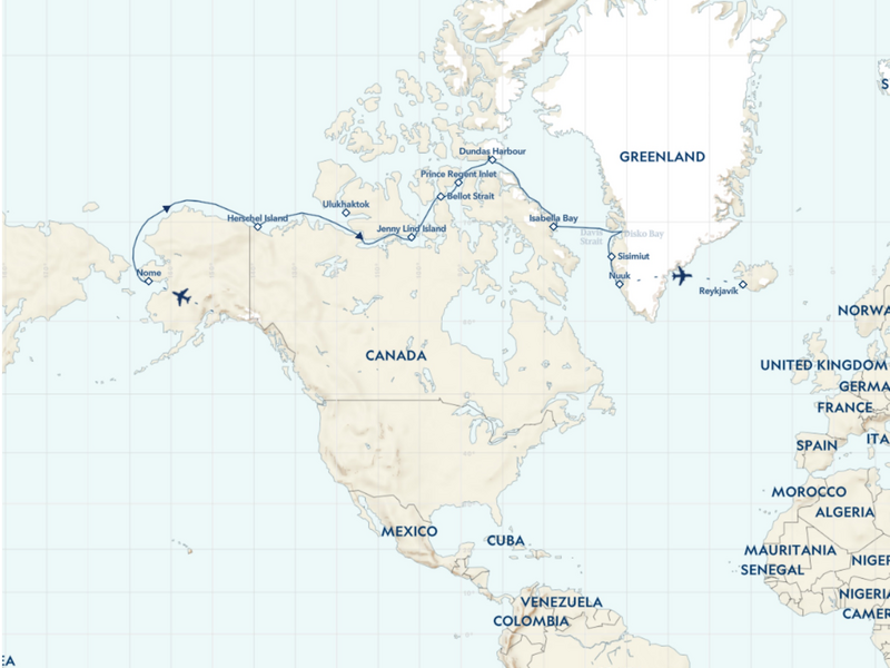 Route map of eastbound National Geographic Northwest Passage voyage, from Greenland to Alaska, with visits along Baffin Island.