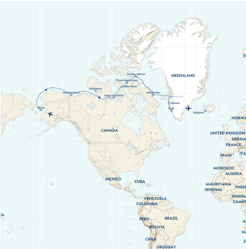 Route map of eastbound National Geographic Northwest Passage voyage, from Greenland to Alaska, with visits along Baffin Island.