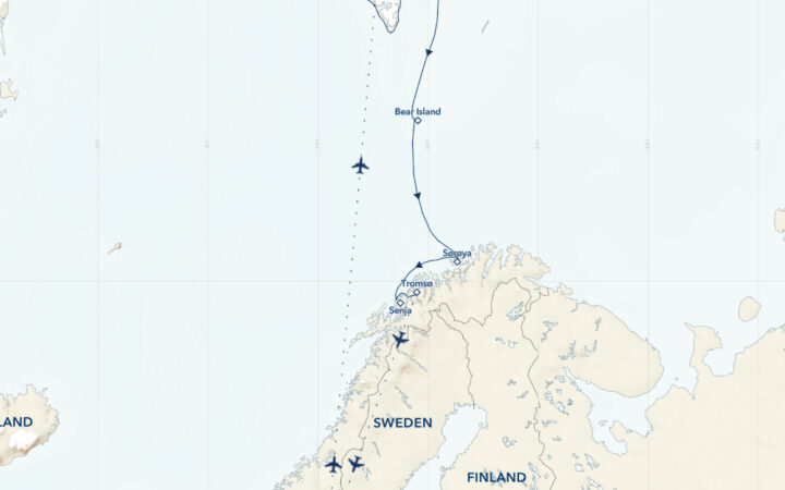 Route map of 13-day Norwegian Discovery: Svalbard & The Northern Fjords cruise, operating round-trip from Oslo, Norway.
