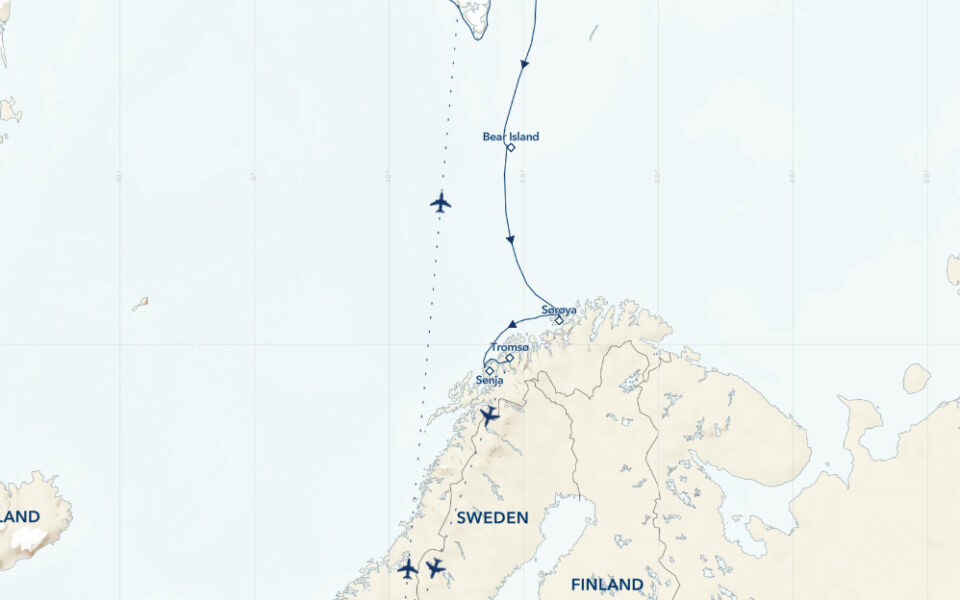 Route map of 13-day Norwegian Discovery: Svalbard & The Northern Fjords cruise, operating round-trip from Oslo, Norway.