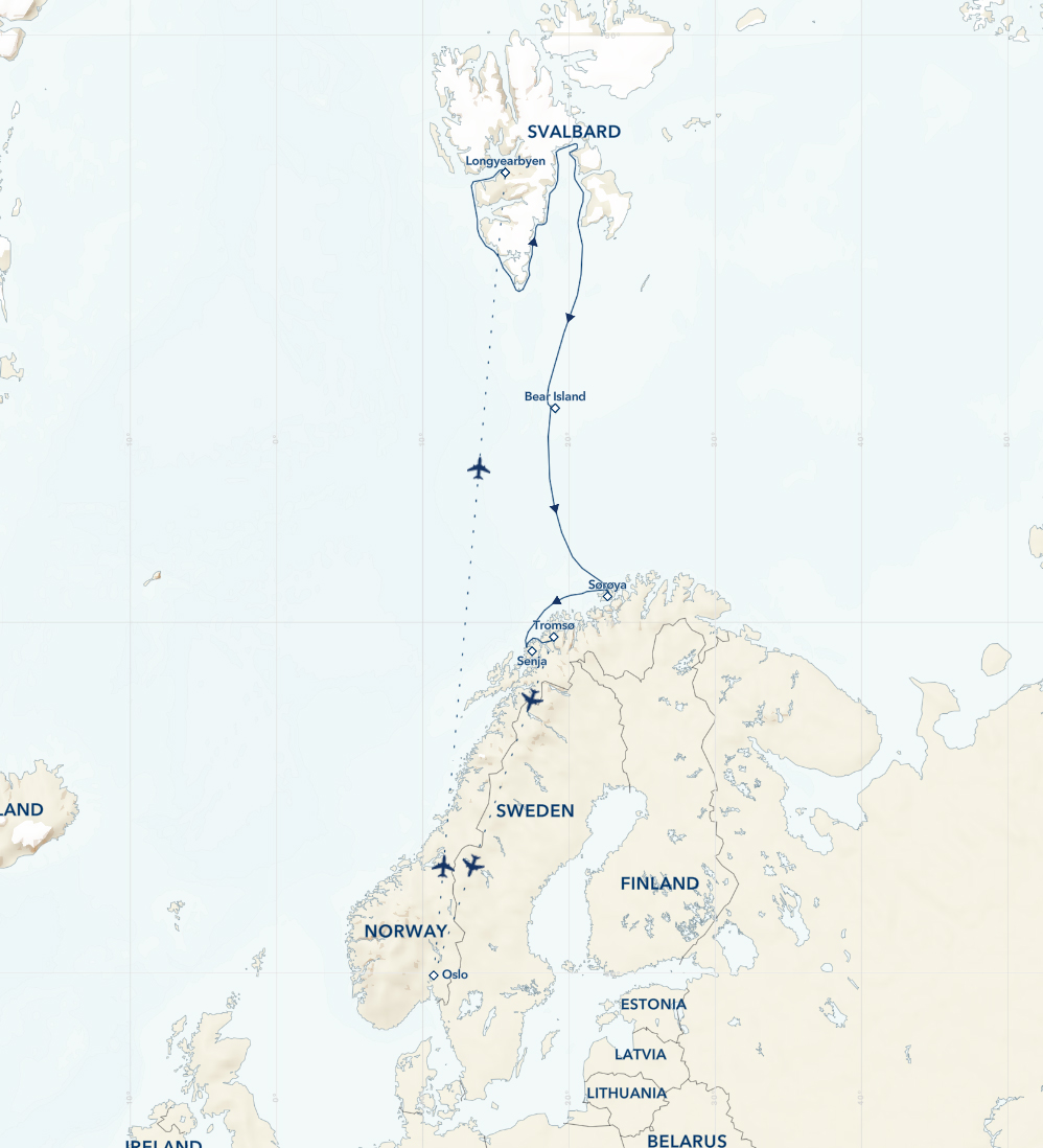 Route map of 13-day Norwegian Discovery: Svalbard & The Northern Fjords cruise, operating round-trip from Oslo, Norway.