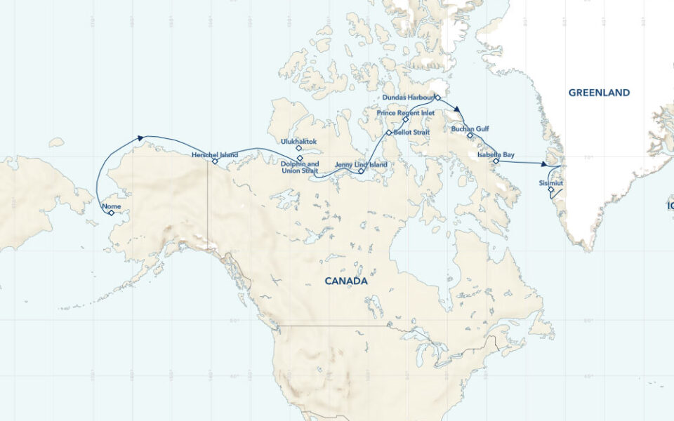 Route map of eastbound National Geographic Northwest Passage voyage, from Greenland to Alaska, with visits along Baffin Island.