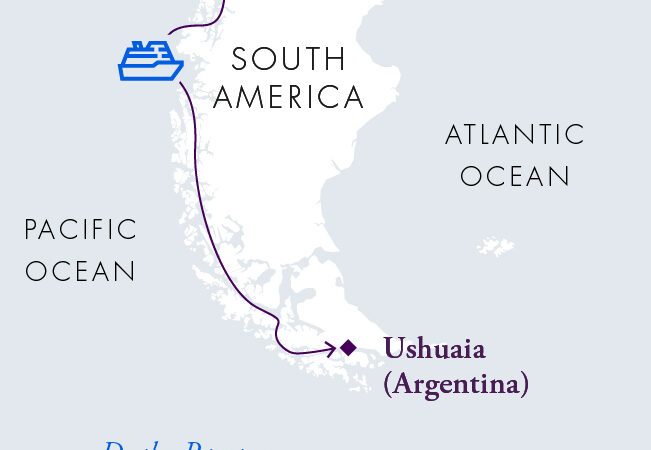 Route map of main Patagonian & Chilean Fjords Wilderness Expedition cruise from Puerto Montt, Chile to Ushuaia, Argentina.