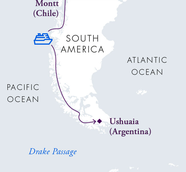 Route map of main Patagonian & Chilean Fjords Wilderness Expedition cruise from Puerto Montt, Chile to Ushuaia, Argentina.