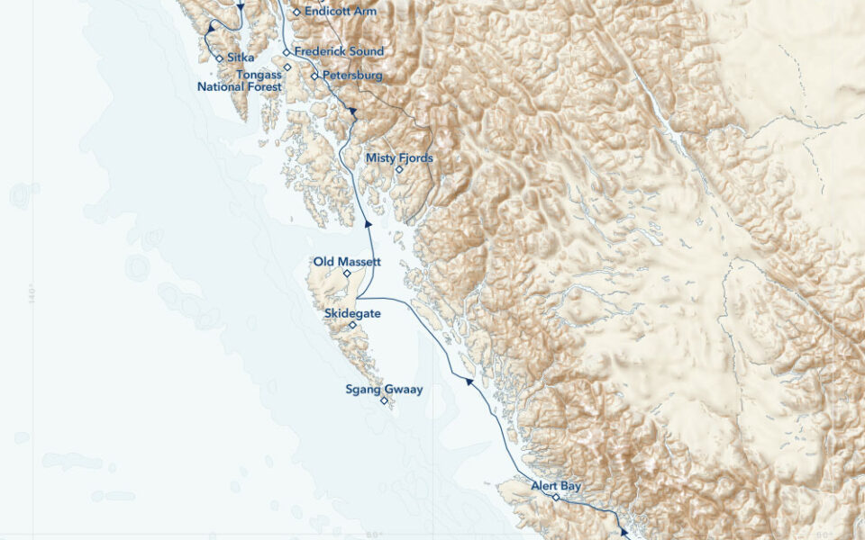 Route map of main A Remarkable Journey to Alaska, British Columbia & Haida Gwaii cruise from Sitka, Alaska to Vancouver with visits to Gulf Islands, Johnstone Strait, Alert Bay, Misty Fiords, Frederick Sound, Petersburg, Tracy Arm-Fords Terror Wilderness, Glacier Bay National Park, Icy Strait & the Inian Islands.