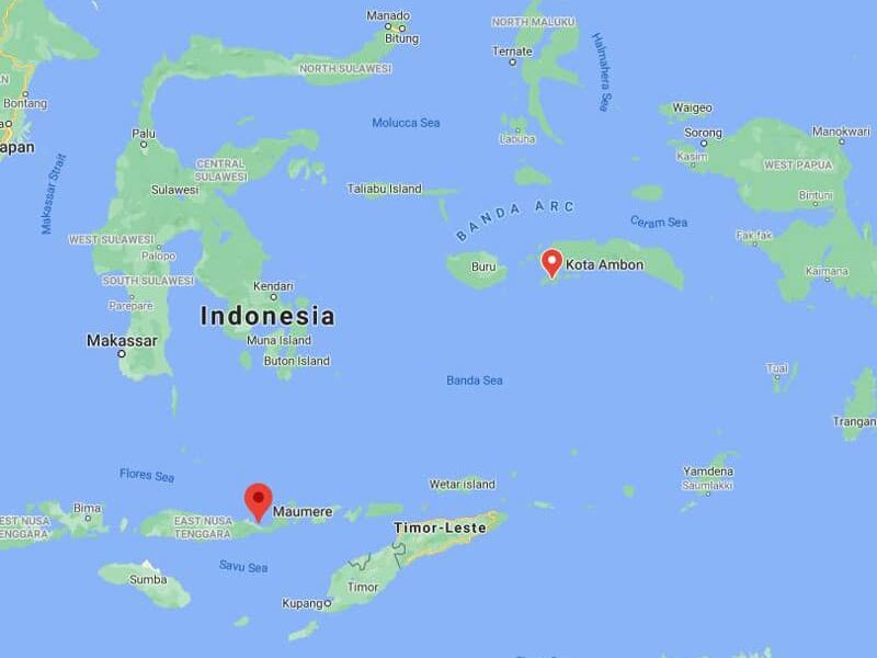 Route map of East Indies Spice Exploration Indonesia small ship cruise, operating between Maumere & Ambon, through the Banda Sea.
