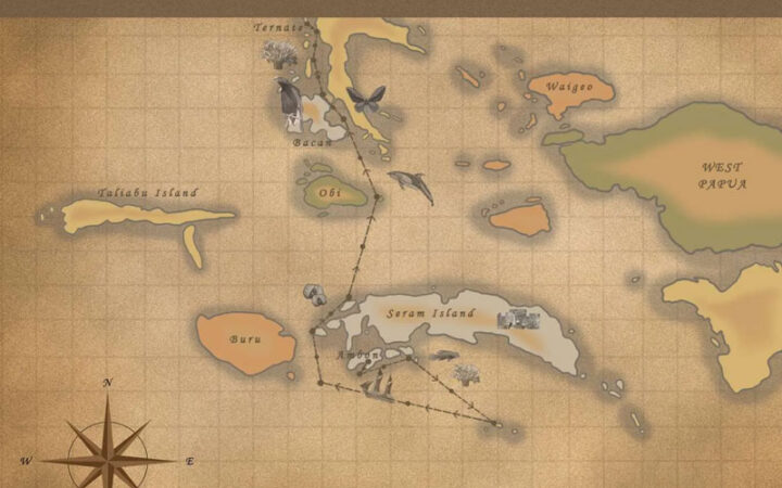 Route map of Scents of the Spice Islands cruise from Ambon to Ternate, Indonesia.