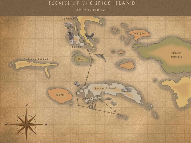 Route map of Scents of the Spice Islands cruise from Ambon to Ternate, Indonesia.