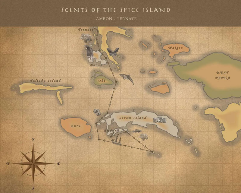 Route map of Scents of the Spice Islands cruise from Ambon to Ternate, Indonesia.