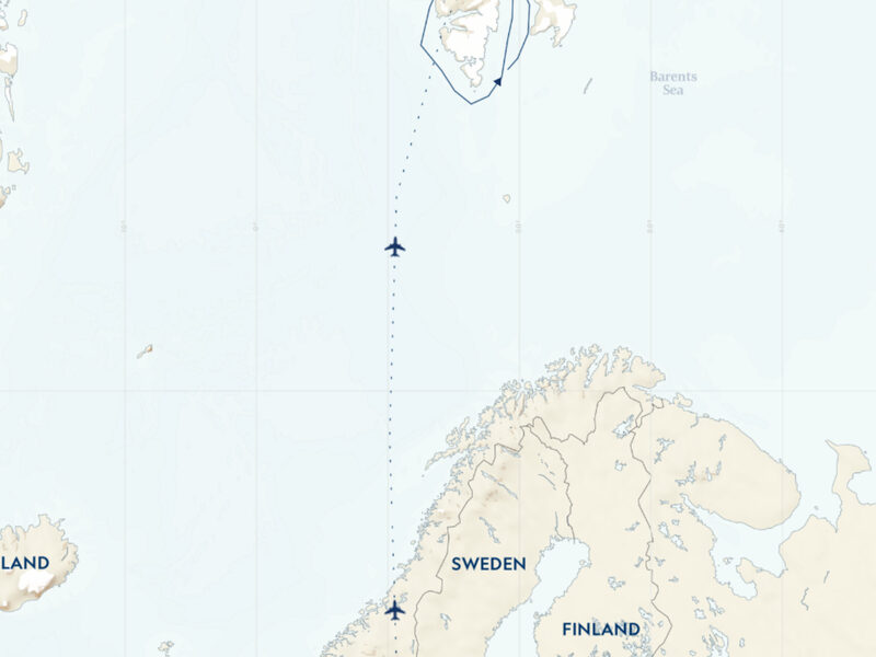 Route map of National Geographic Land of the Ice Bears voyage, operating round-trip from Oslo, Norway, via Longyearbyen, Svalbard, with visits to sites along Spitsbergen's northern, western and southern coasts.