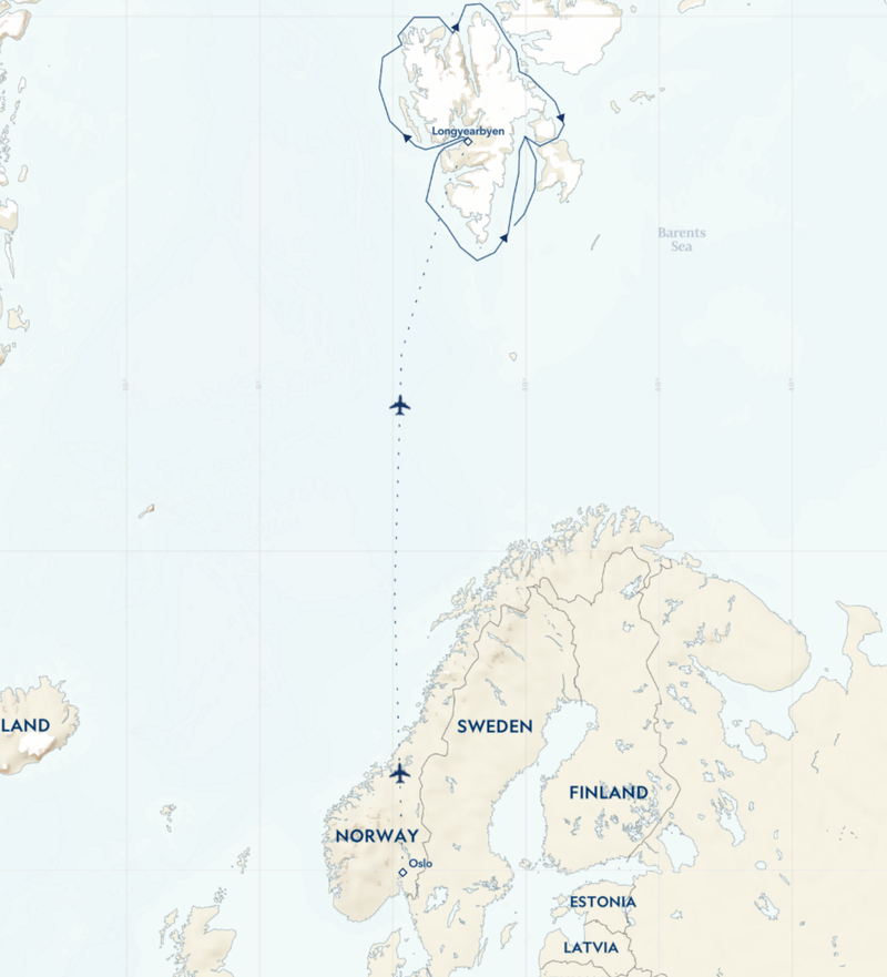 Route map of National Geographic Land of the Ice Bears voyage, operating round-trip from Oslo, Norway, via Longyearbyen, Svalbard, with visits to sites along Spitsbergen's northern, western and southern coasts.