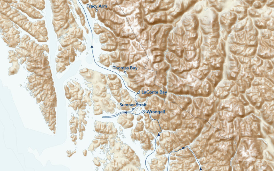 Route map for reverse, northbound Wild Alaska Escape small ship cruise from Ketchikan to Juneau, with visits to Leconte Glacier & Thomas Bay, Wrangell Narrows, Behm Canal & Misty Fiords & Sumner Strait.
