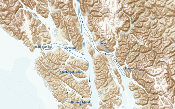 Route map of main, eastbound Wild Alaska Escape: Sitka & Juneau small ship cruise, with visits to Haines, Tracy Arm & more.